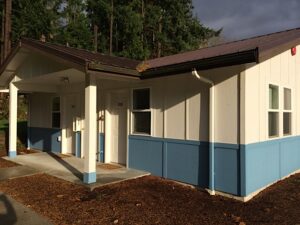 exterior of the ecabins at samish island mindfulness meditation retreat location