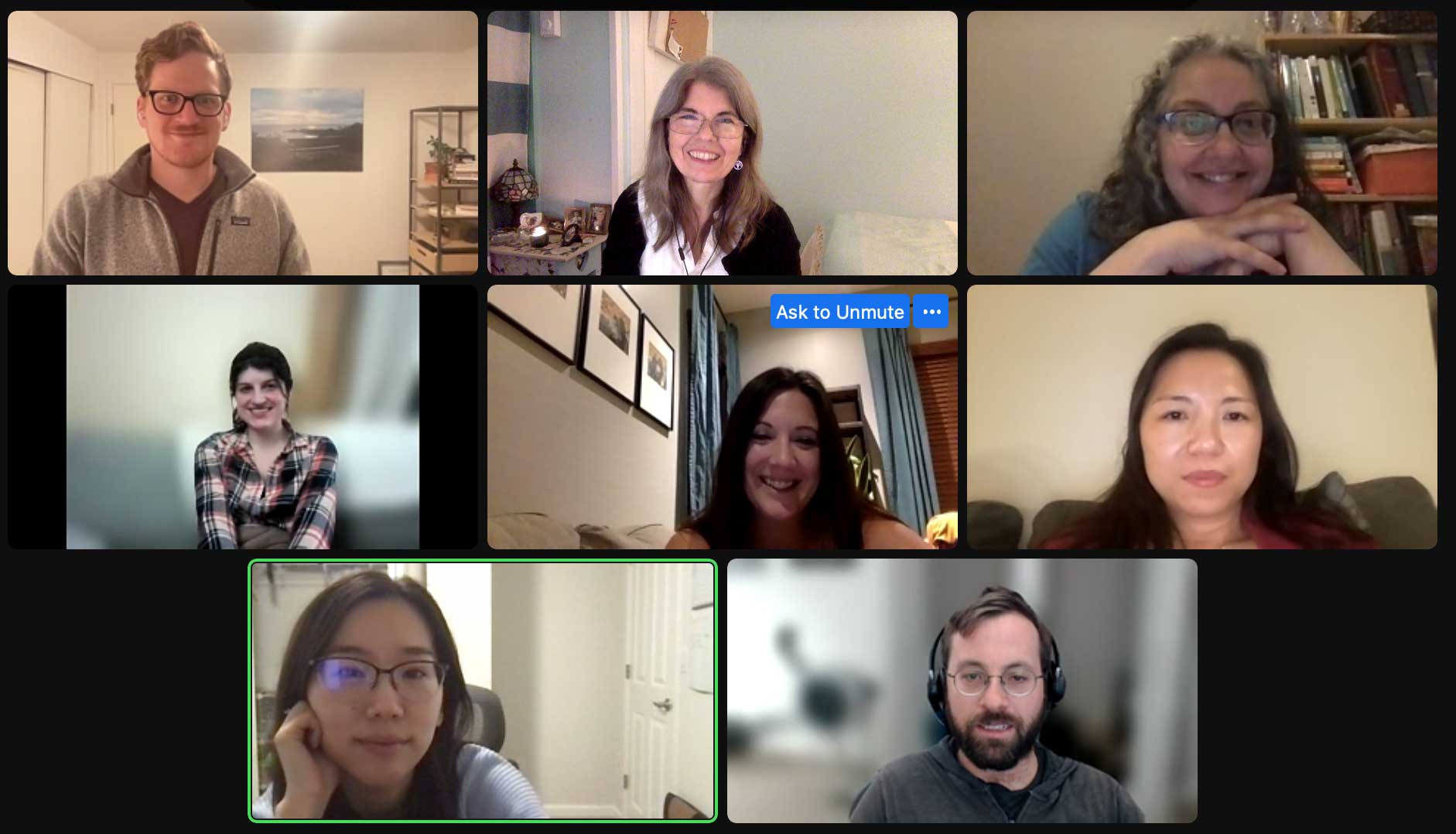 teresa-smiling-zoom-online-mindfulness-meditation-class-screenshot A screenshot of eight people looking at the camera, including mindfulness meditation instructor Teresa Johnson.