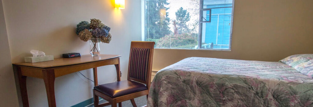 One of the rooms at dumas bay retreat center.