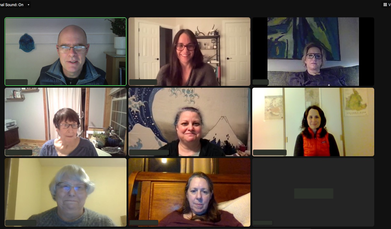 zoom-class-online-mindfulness-northwest-meditation-wa-puget-sound-seattle-area-mbsr a screenshot of zoom class participants smiling in online mindfulness class