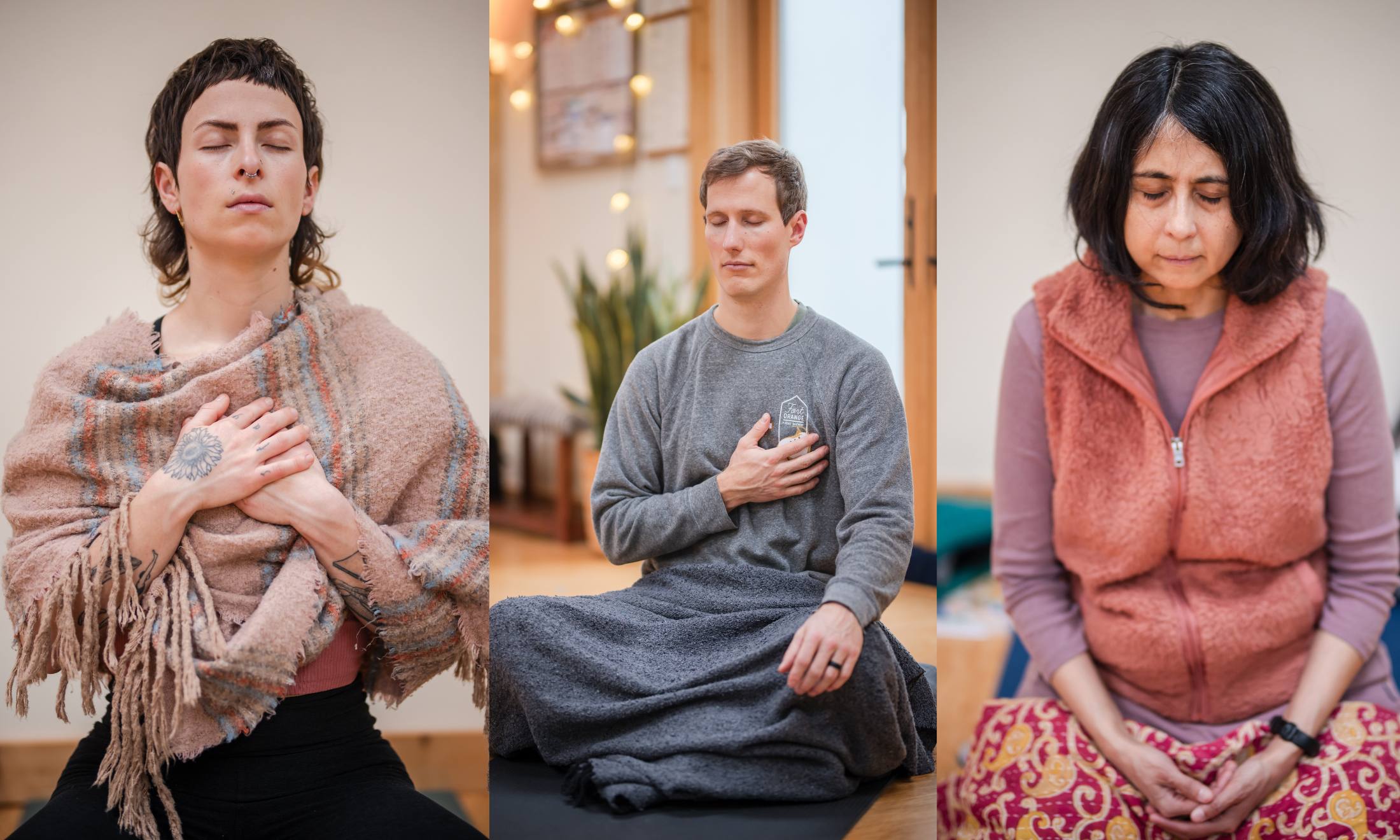 three-meditators-tryptic-eyes-closed-homepage-banner Three photos in a row: each a different person with their eyes closed in meditation. Some have their hands over their hearts.