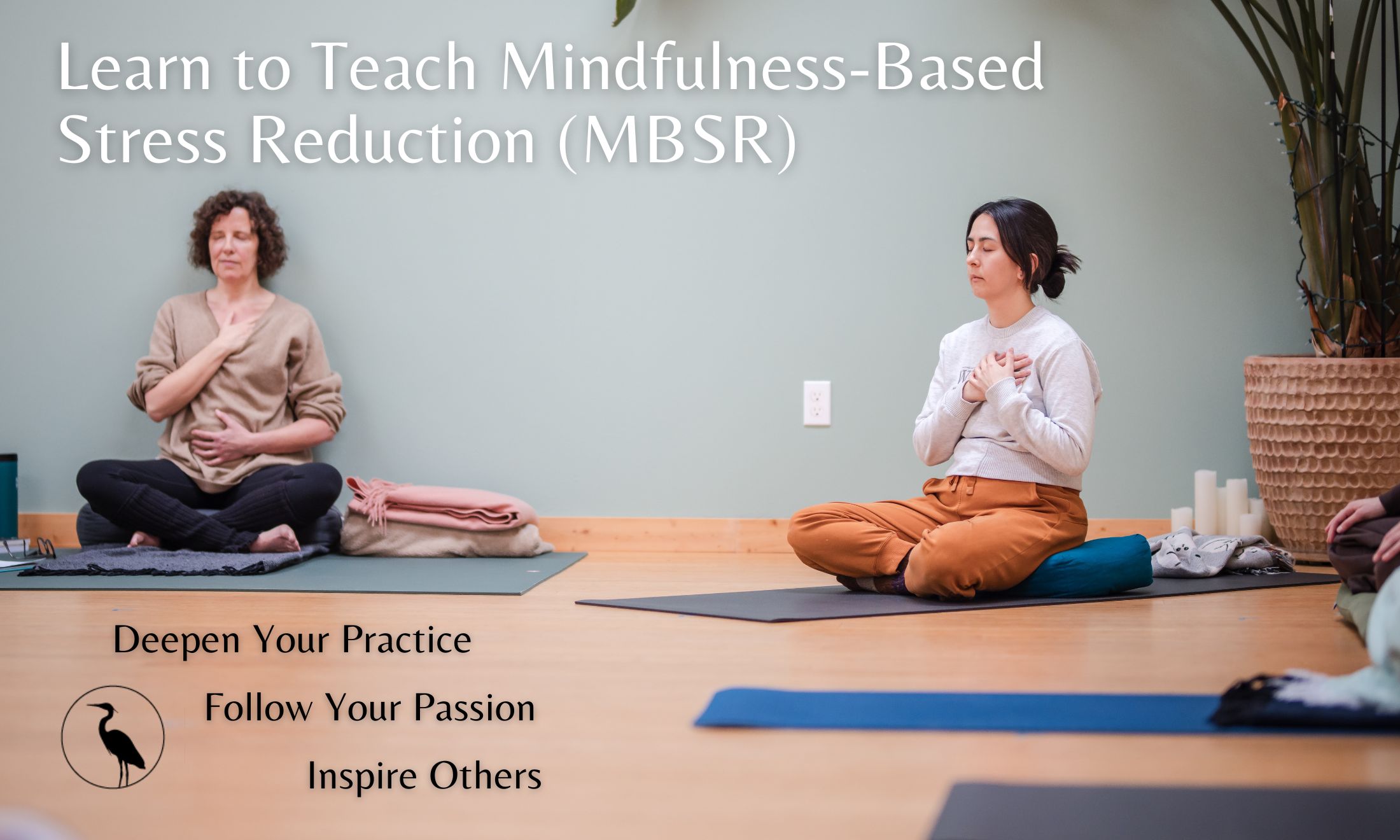 MBSR TT Banner A circle of people sitting on chairs and the floor in a bright yoga studio.