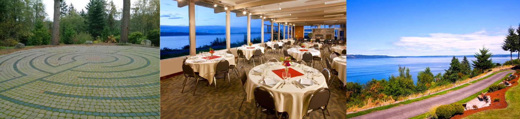 Palisades Triptych three photos sized for website Three images of the Palisades – The dining hall with sprawling views of puget sound, a stone labrynth and a daytime view of the road to the center.