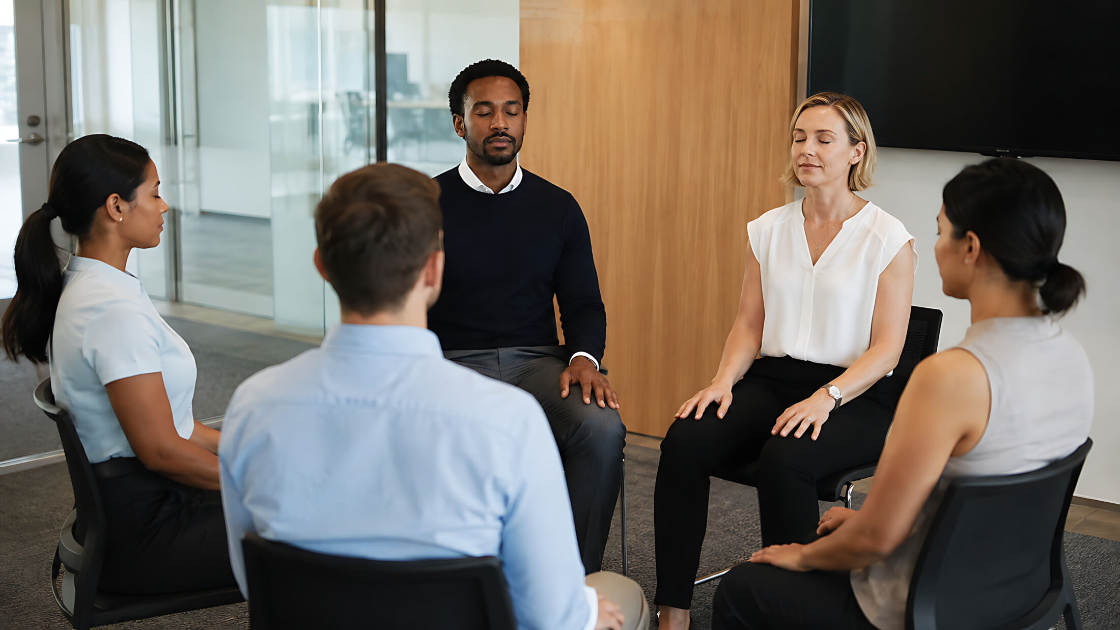 Group of Office Workers Practicing Mindfulness Meditation in Meeting Room